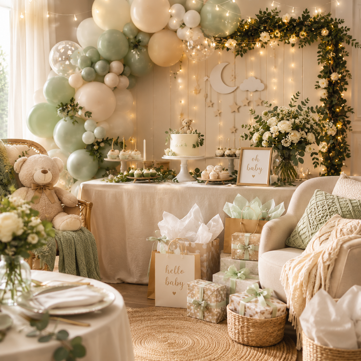 Baby shower scene with pastel balloons and teddy bear
