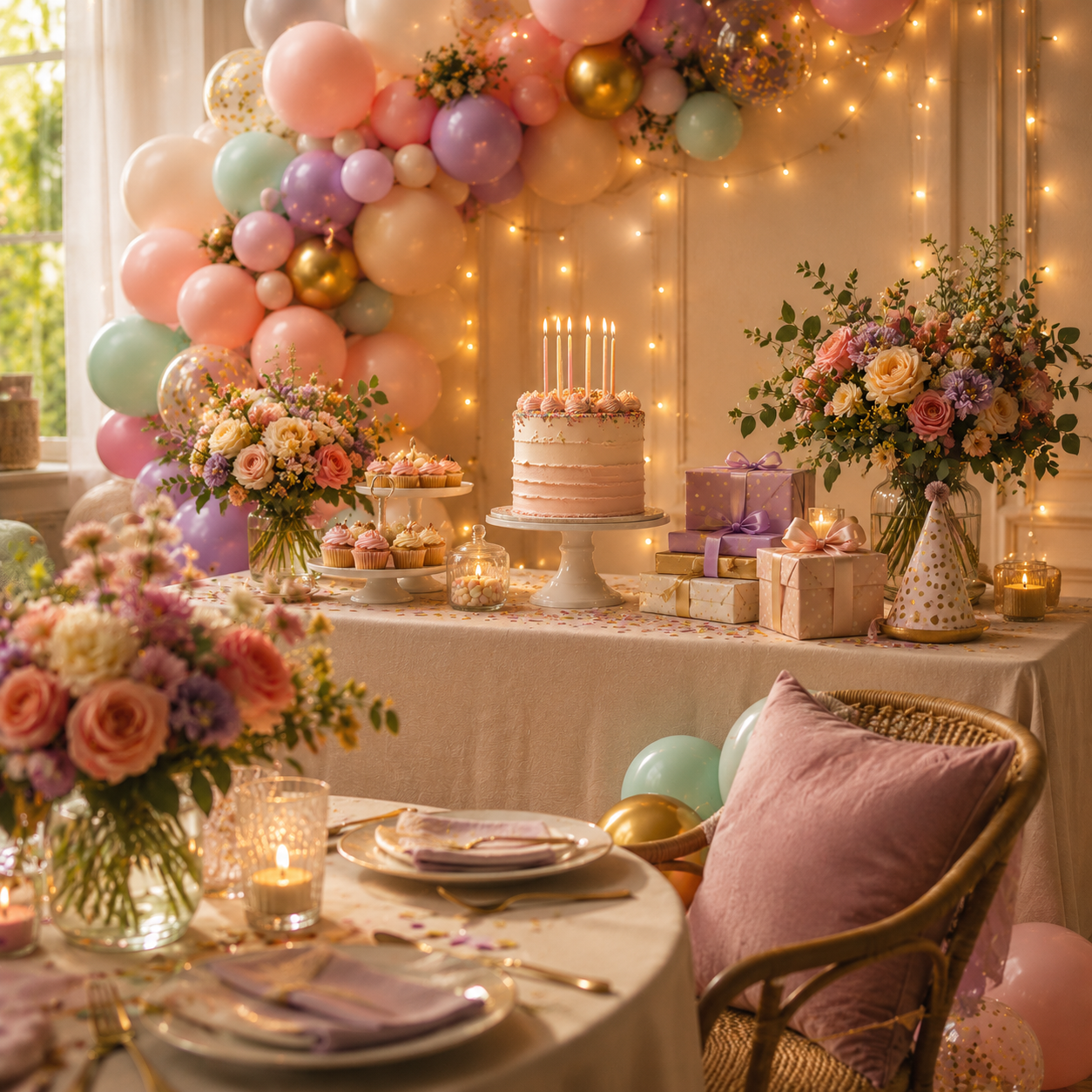 Birthday cake with candles and party hats