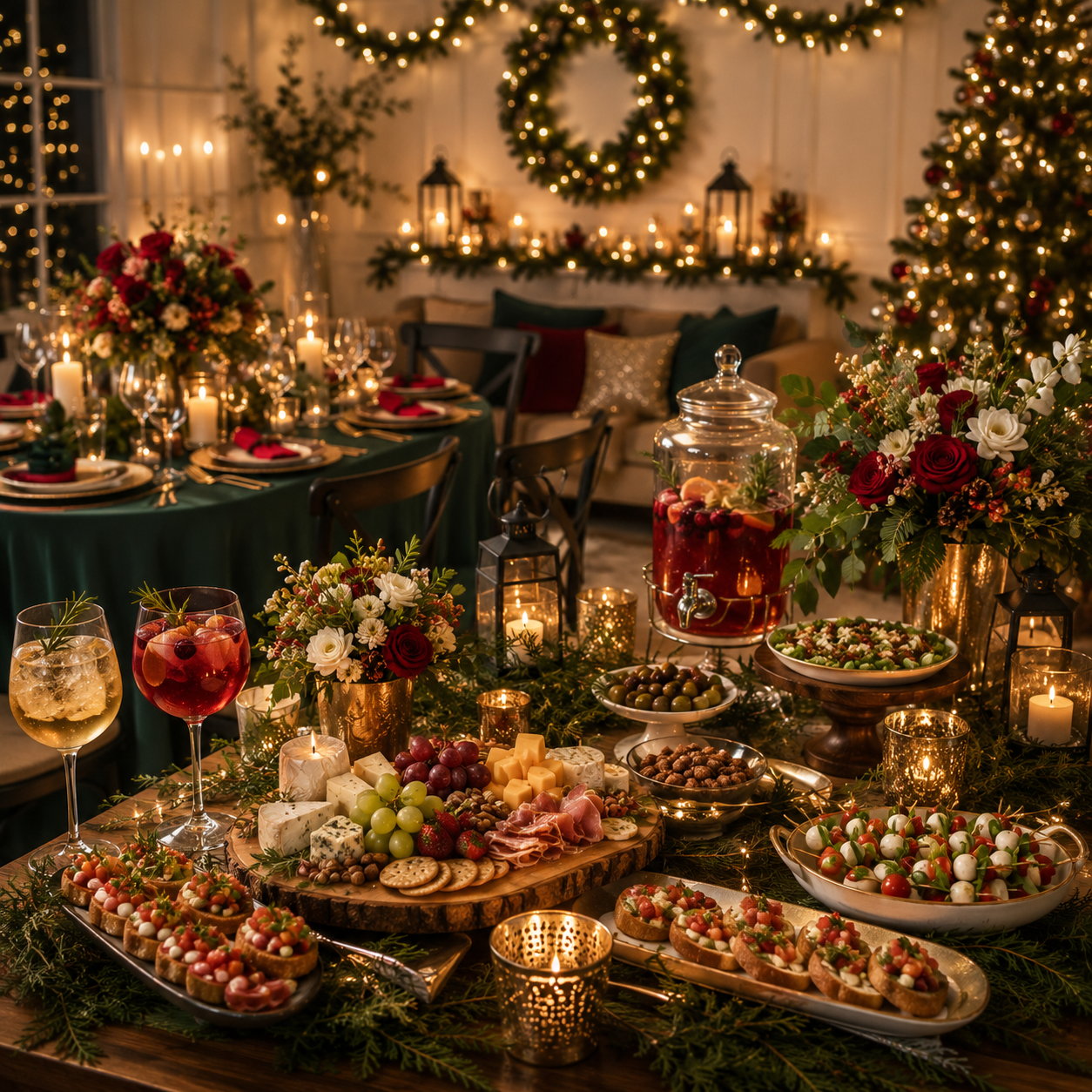 Holiday table setting with Christmas tree and candlelight
