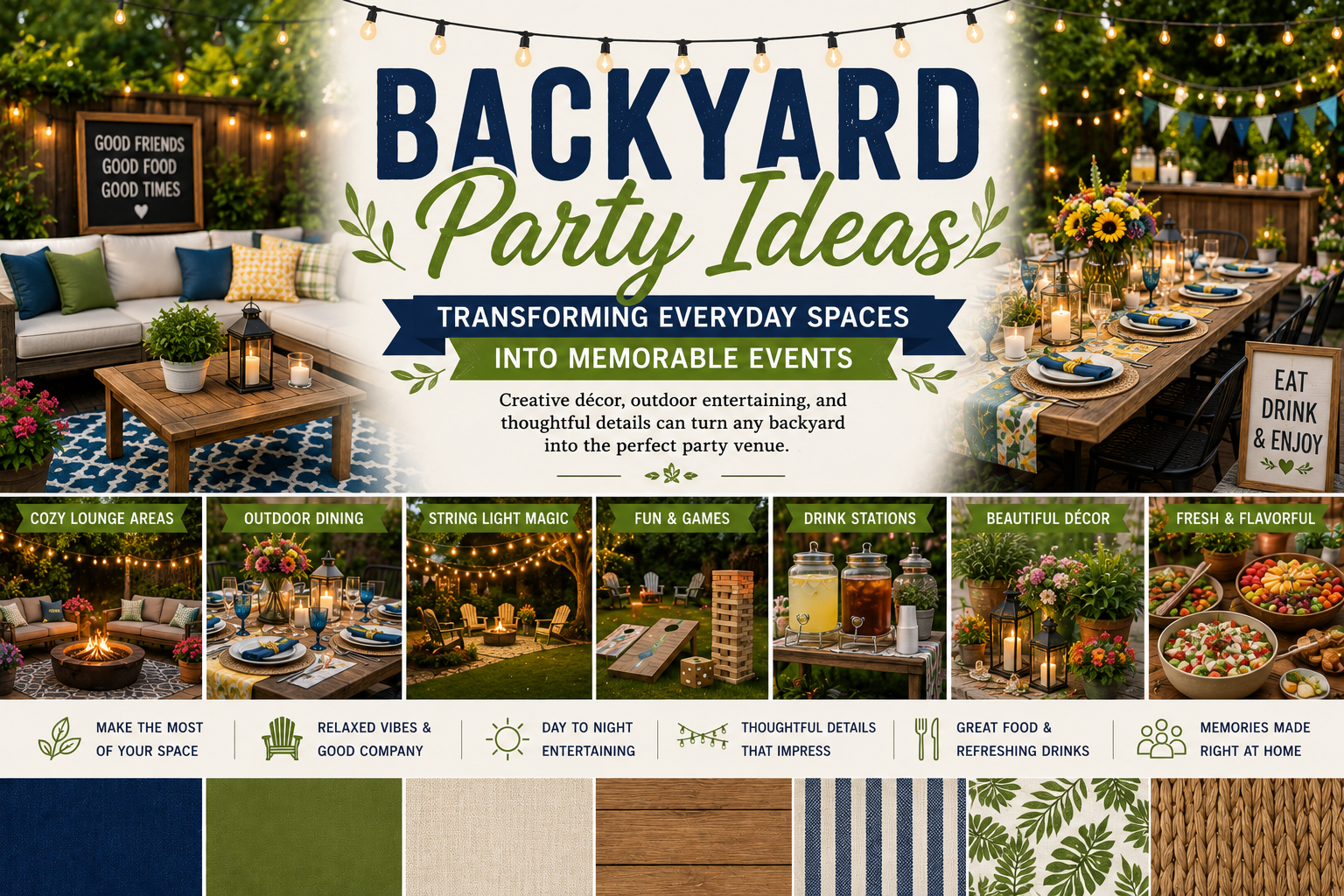 Backyard party with lights and dining table
