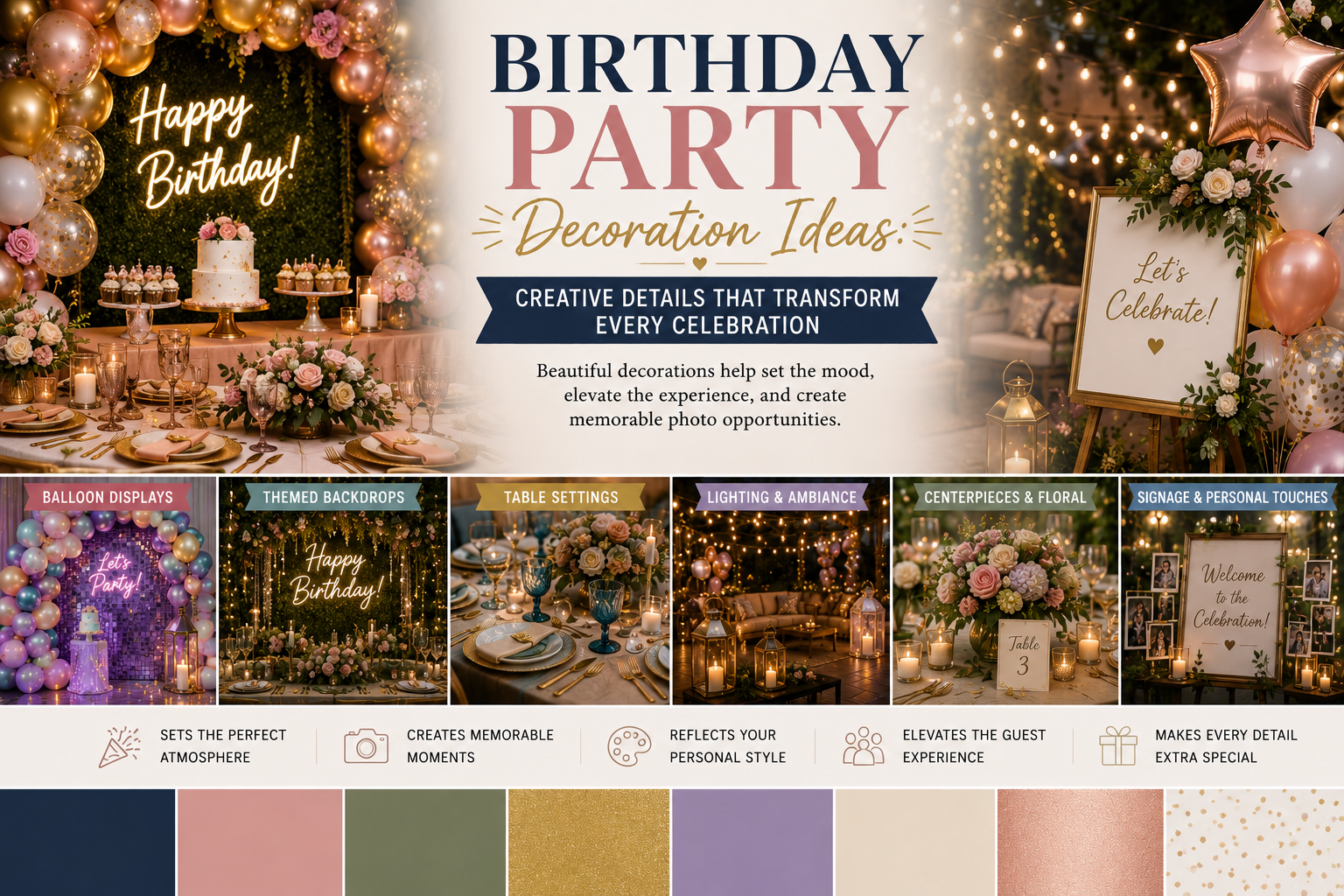 Birthday party decorations with balloons and backdrop