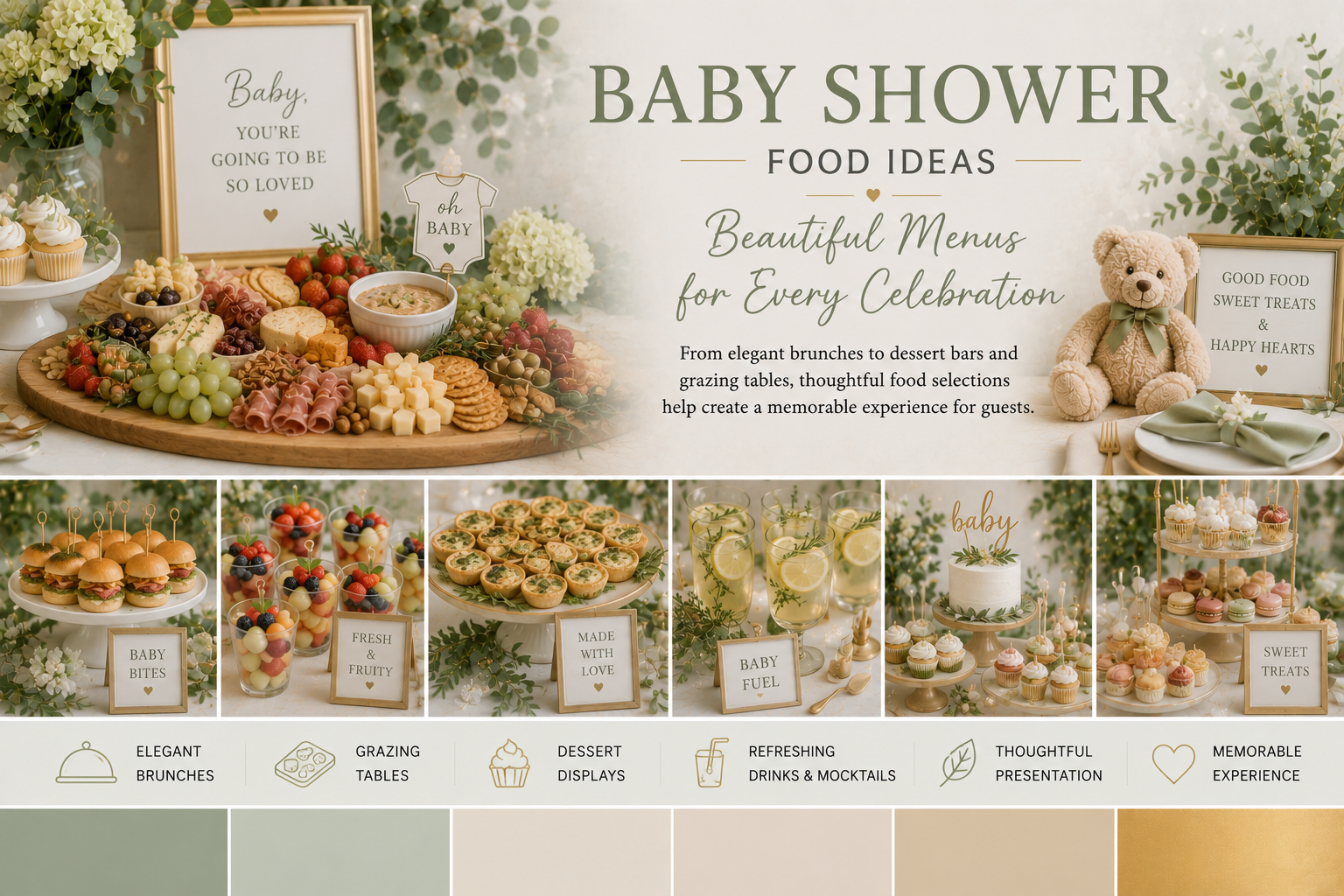 Baby shower dessert display and pastries