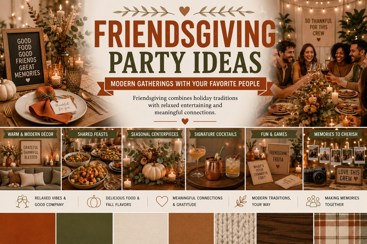 Friendsgiving table with candles and food