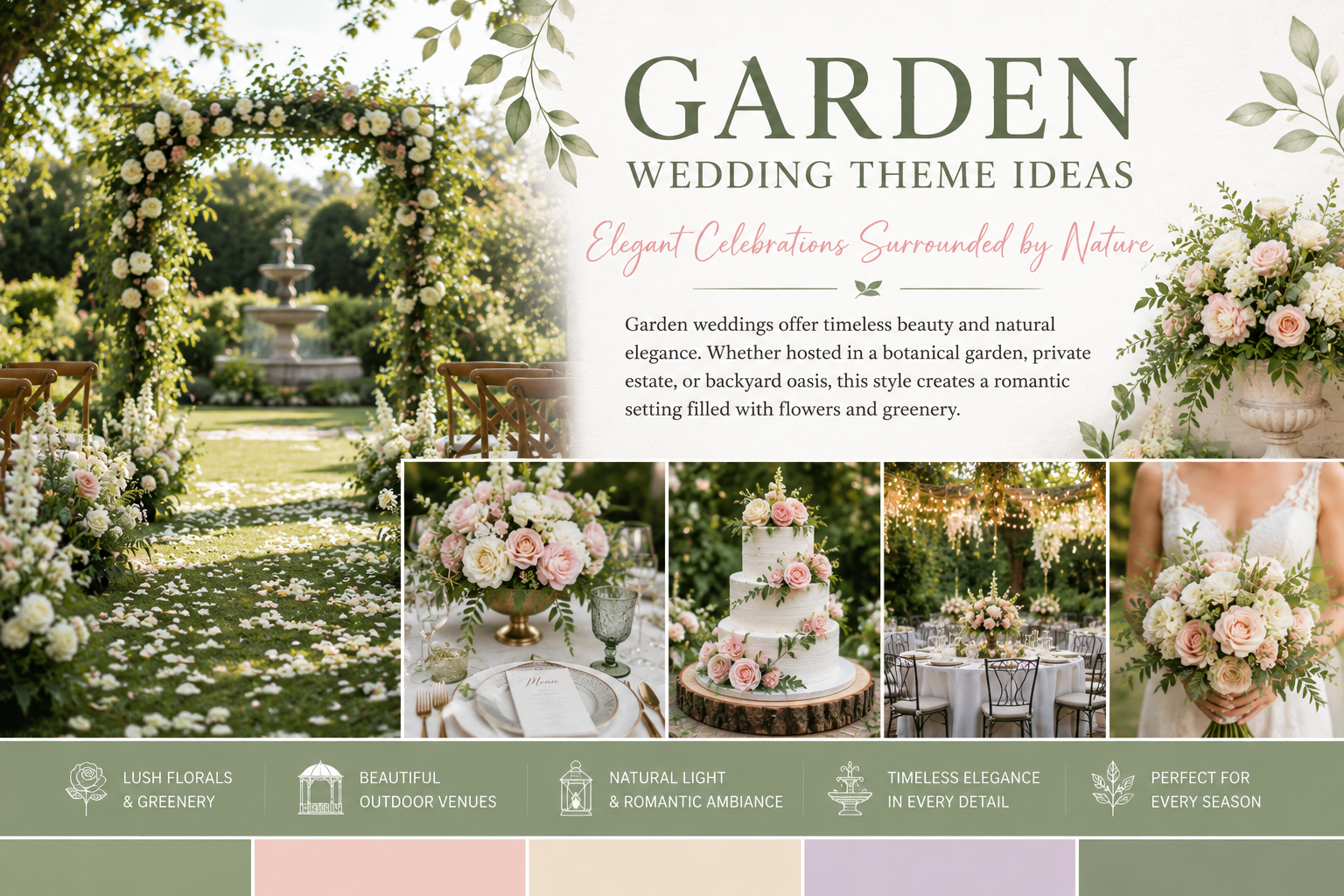 Garden wedding ceremony with floral arch