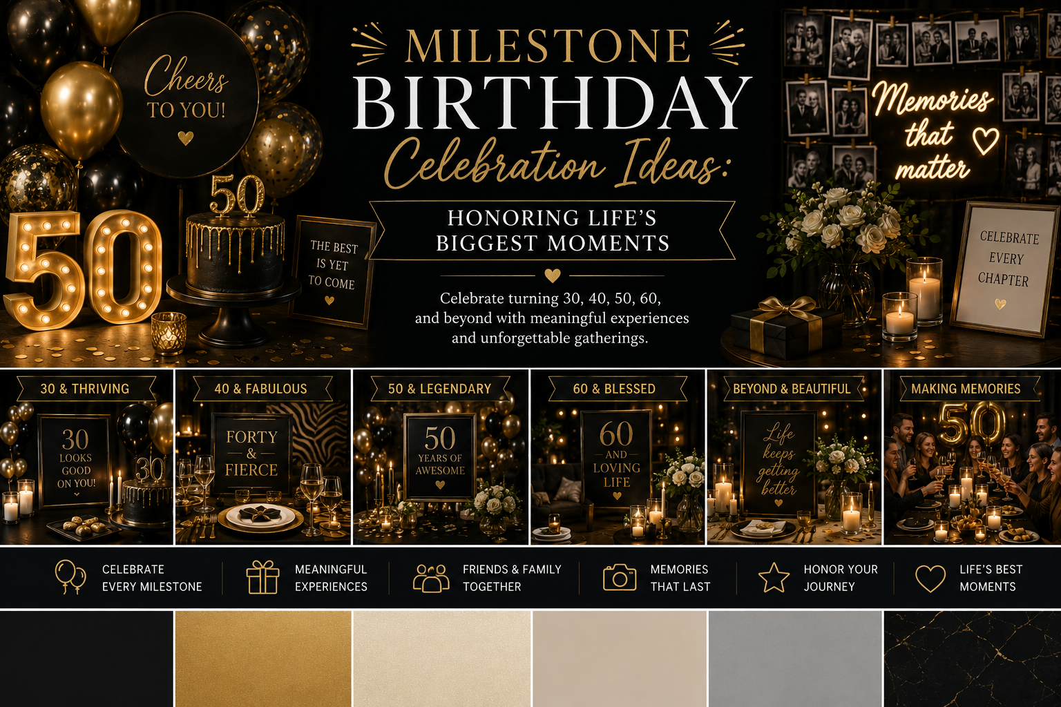 Milestone birthday with elegant black and gold decor
